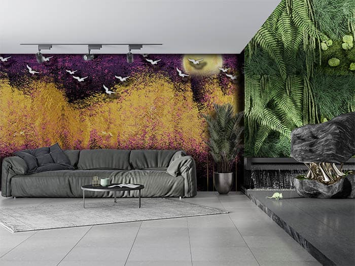 Artistic Golden Forest Nature Scene wallpaper shown in a room