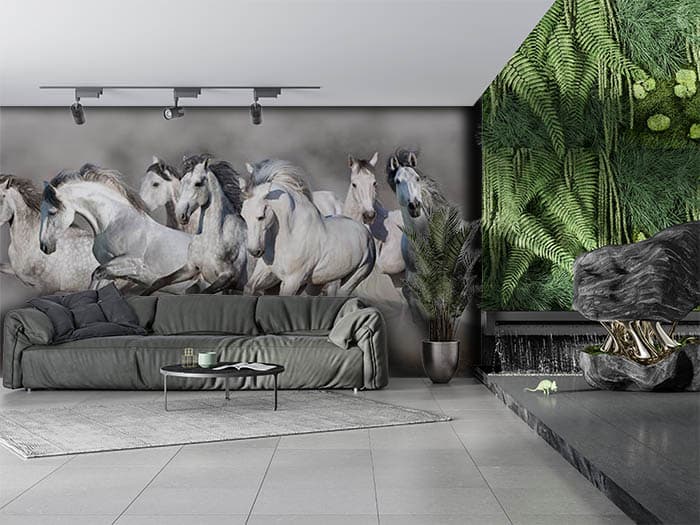 7 Running White Horses Wallpaper Mural shown in a room
