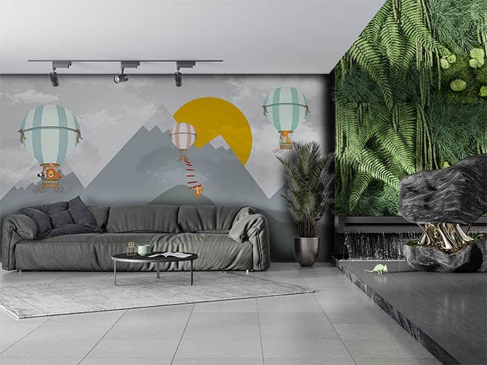 Beautiful Balloon Landscape Wall Mural Wallpaper shown in a room