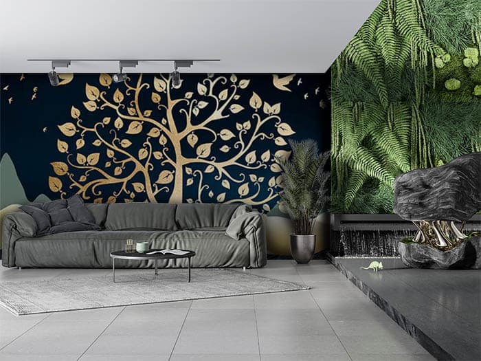 Elegant Golden Leaves Botanical Art wallpaper shown in a room