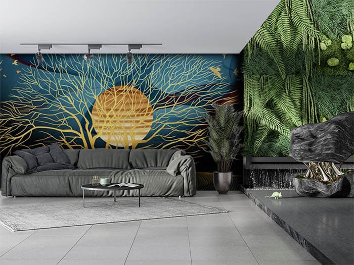 Contemporary Golden Botanical Wallpaper shown in a room