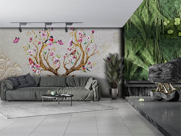 Aesthetic Floral Branches and Birds Wallpaper shown in a room