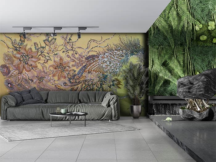 Luxurious Peacock Feathers Artistic Wall Mural Wallpaper shown in a room
