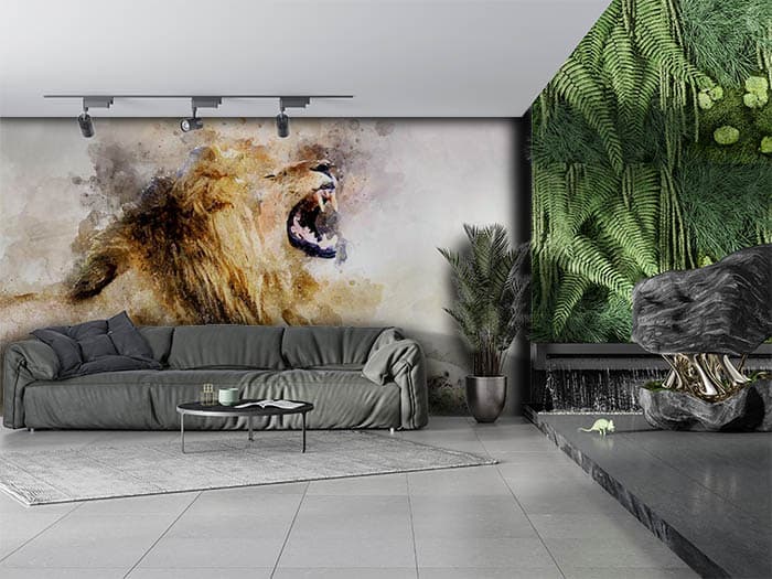 Roaring Lion Painting Wallpaper shown in a room