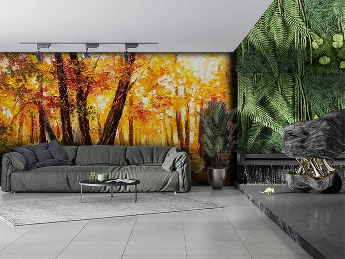 Modern Autumn Forest Tree Scene wallpaper shown in a room