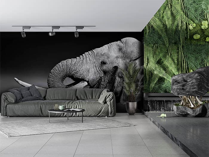 Elegant Black and White Elephant Design Wallpaper shown in a room