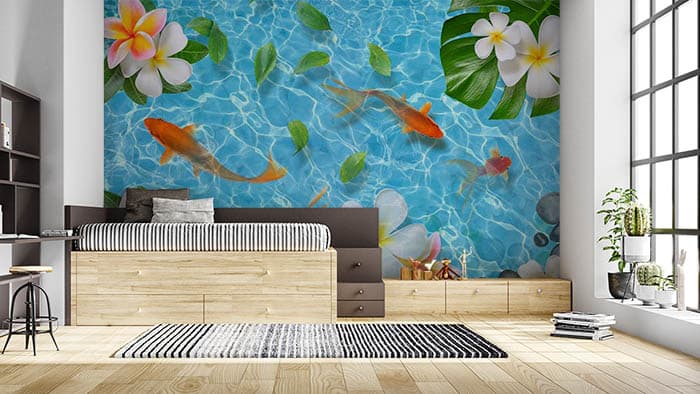 Pebbles and Fishes Underwater Nature Wall Mural Wallpaper shown in a room