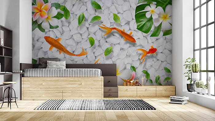 Flowers and Fishes Nature Wall Mural Wallpaper shown in a room