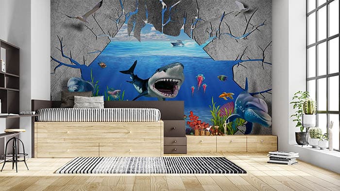Sharks Breaking Walls shown in a room