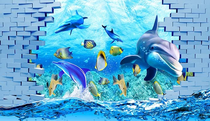 3D Dolphins and Fishes Wallpaper pattern detail