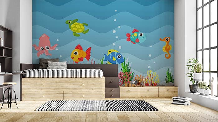 Vibrant Animated Fish Aquarium Scene Wall Wallpaper shown in a room