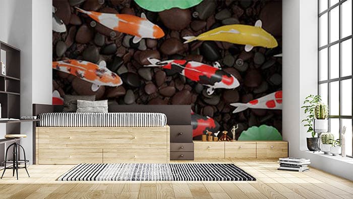 School of Fishes Underwater Marine Art Wallpaper shown in a room