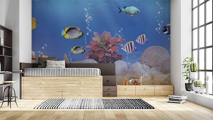 Fishes and Molluscs Ocean Wall Mural Wallpaper shown in a room