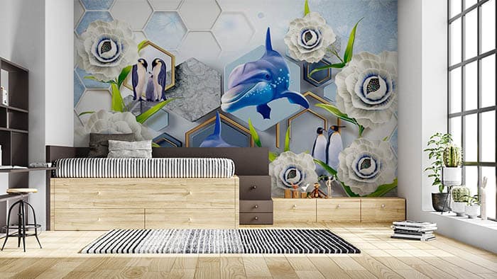 White Flowers and Whales Fantasy Art Wall Mural Wallpaper shown in a room