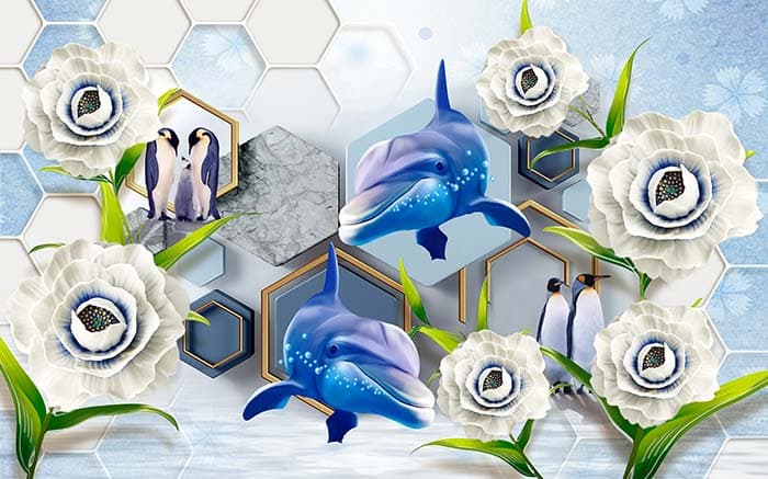 White Flowers and Whales Fantasy Art Wall Mural Wallpaper pattern detail