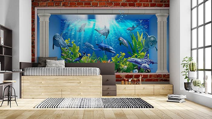 Scenic Dolphin Ocean View Wall Mural Wallpaper shown in a room