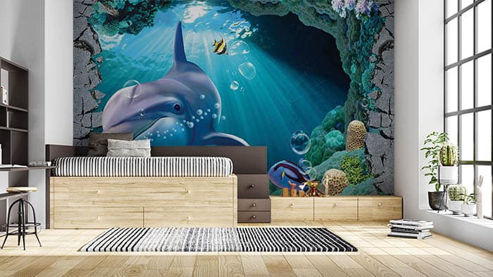 Cartoon Inspired Smirking Whale Kids Wallpaper shown in a room