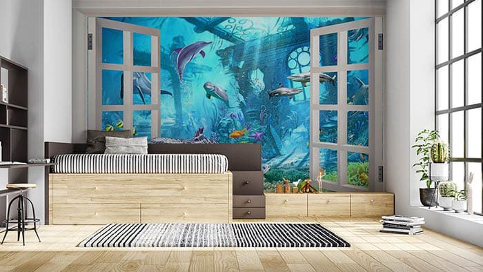 Swimming Sharks shown in a room