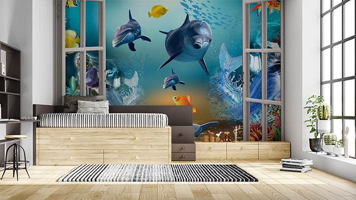 Underwater Dolphins Adventure Theme Wallpaper shown in a room