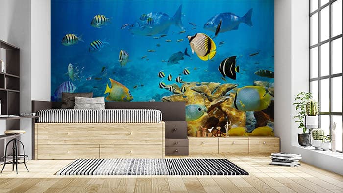Underwater Striped Fishes Design Wallpaper shown in a room