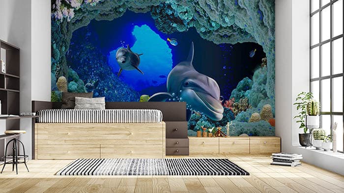 Green Fishes and Dolphins Wall Mural Wallpaper shown in a room