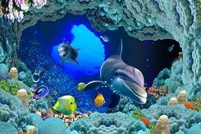 Green Fishes and Dolphins Wall Mural Wallpaper pattern detail