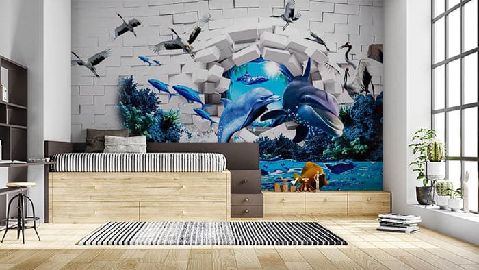 Fishes and Cranes shown in a room