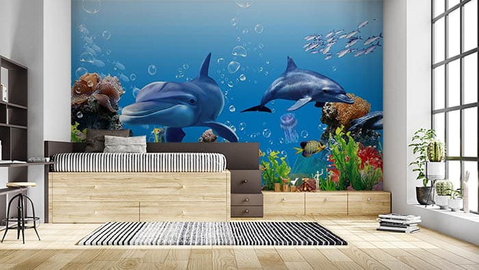 Cute Dolphins Wallpaper shown in a room