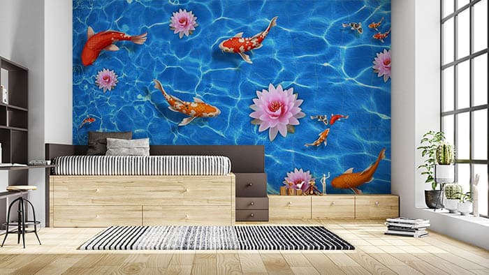 Lotus and Fishes in Water Wallpaper for Wall shown in a room