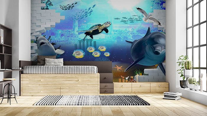 Cute Turtles and Whales Ocean Theme Wallpaper shown in a room