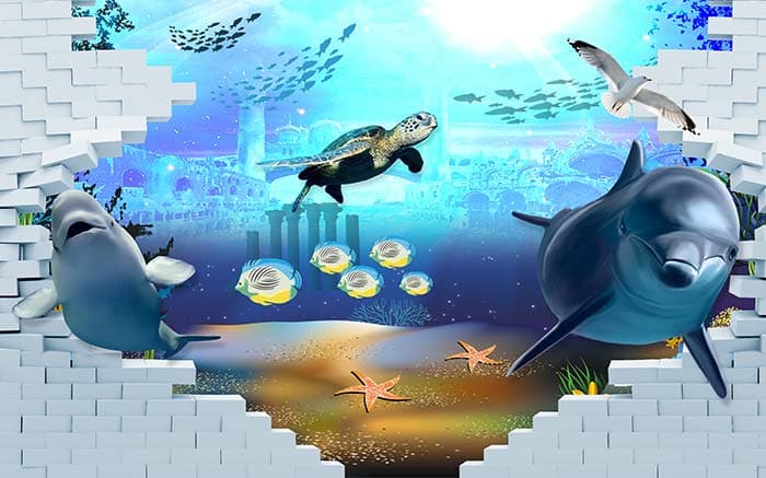 Cute Turtles and Whales Ocean Theme Wallpaper pattern detail