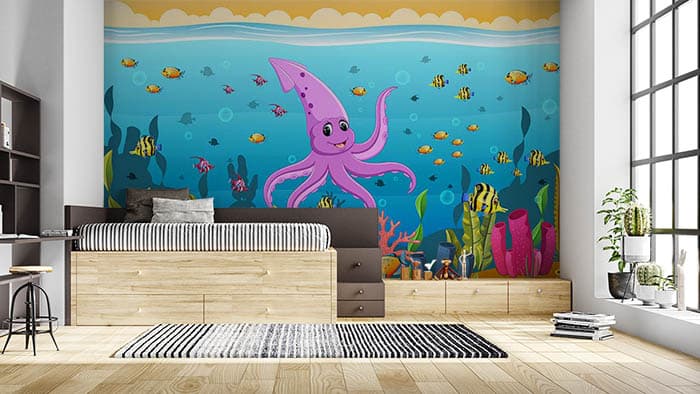 Animated Purple Octopus Cute Underwater Wall Wallpaper shown in a room