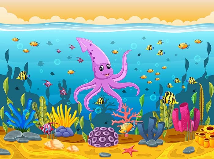 Animated Purple Octopus Cute Underwater Wall Wallpaper pattern detail