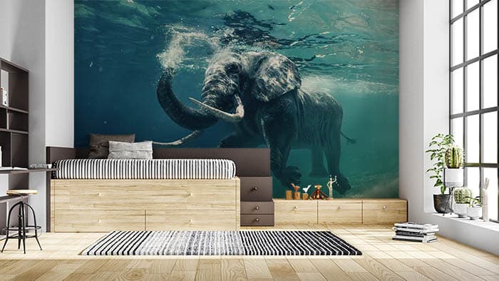 Swimming Elephant Underwater Adventure Wallpaper shown in a room