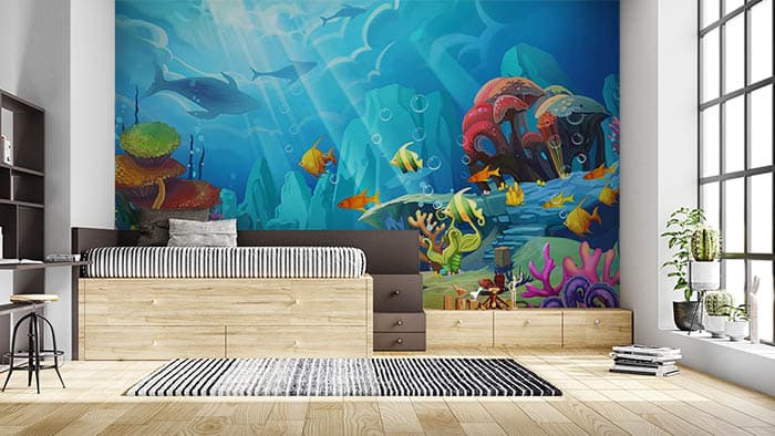 Colorful Underwater Ocean Scene Wall Mural Wallpaper shown in a room
