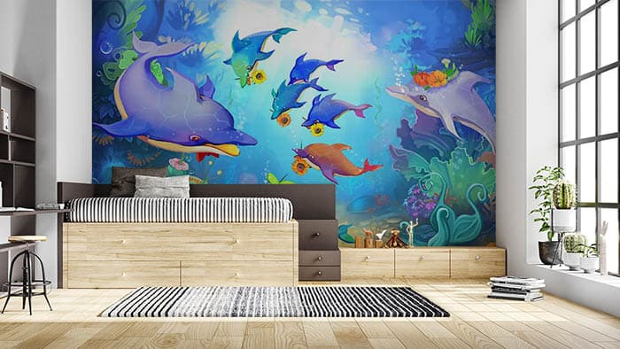 Animated Whales Underwater Ocean Wall Mural Wallpaper shown in a room