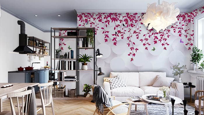 Beautiful Pink Floral Wall Design Wallpaper shown in a room