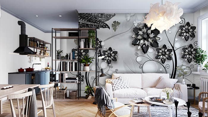 Monochorme Mural shown in a room