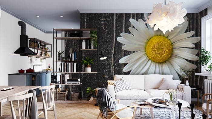 Beautiful 3D Daisy Floral Art Wall Wallpaper shown in a room