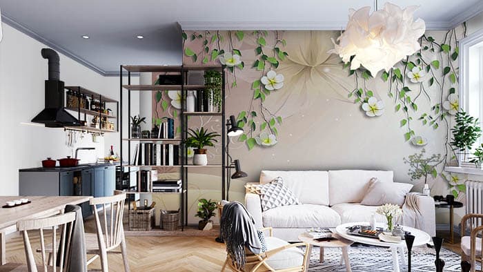 Elegant Hanging Flowers Botanical Wallpaper Design shown in a room