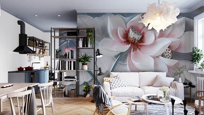 Contemporary Floral Metal Wall Mural Wallpaper shown in a room