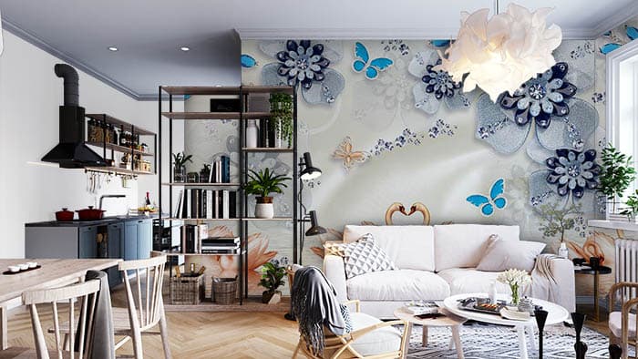 Aesthetic Bejeweled Butterflies Floral Wallpaper shown in a room