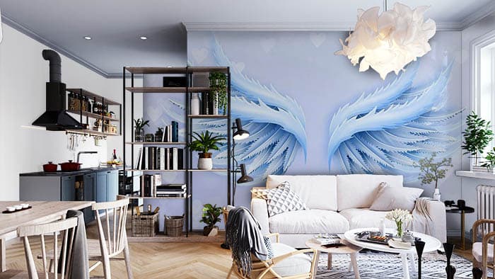 Soft and Serene Angel Wings Mural Wallpaper shown in a room