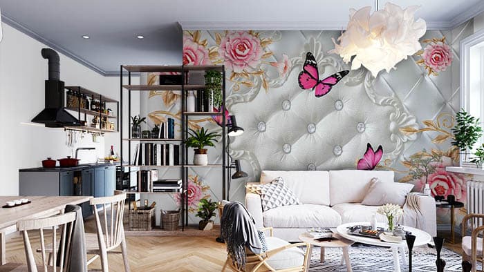 Elegant Pearl Butterflies Floral Art Wall Mural Wallpaper shown in a room