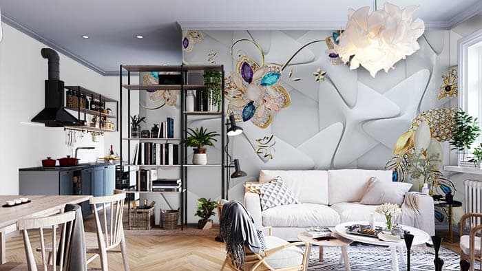 Multi Color Crystal With Peacock Designed Wallpaper shown in a room