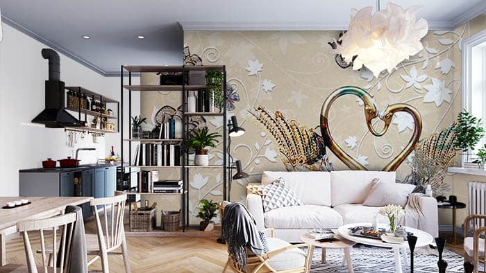 Beautiful Peacock Couple Nature Inspired Wall Mural Wallpaper shown in a room