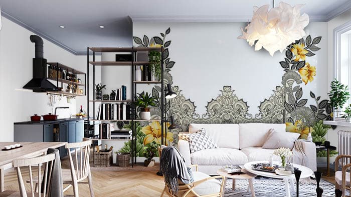 Modern Doodle Pattern Wall Decor Wallpaper shown in a room