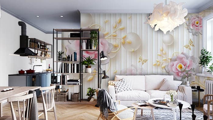 Opulent Pearl Garden White and Gold Mural Wallpaper shown in a room