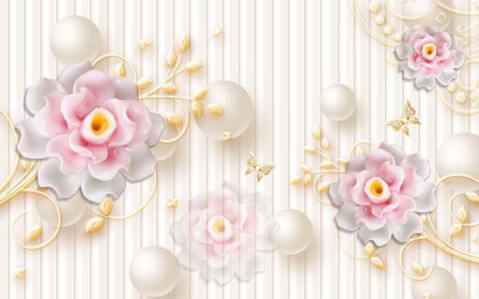 Opulent Pearl Garden White and Gold Mural Wallpaper pattern detail