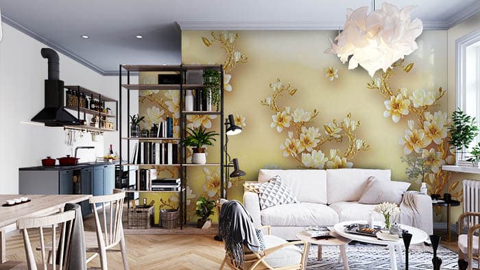 Luxury Yellow Garden Wallpaper for Living Room shown in a room